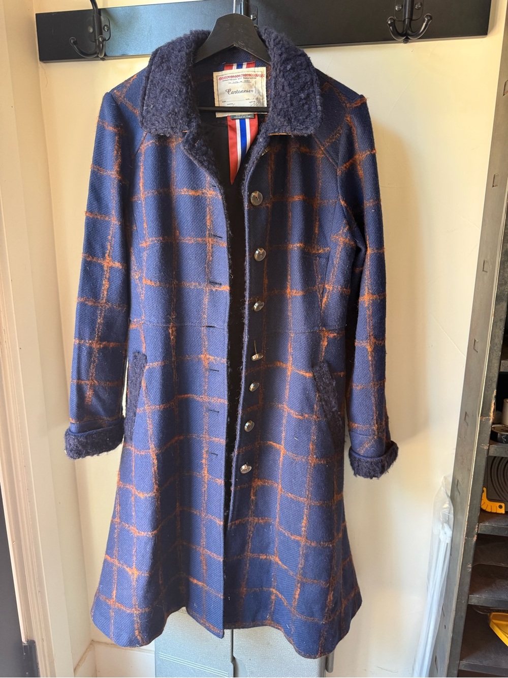 Cartonnier Navy Coat with Burnt Orange Windowpane